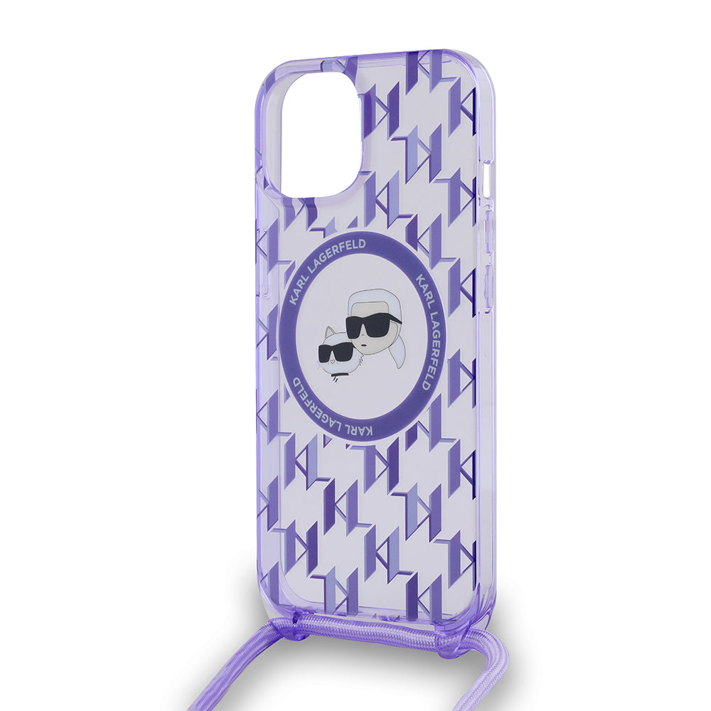 Калъф MagSafe за Apple iPhone 15, Karl Lagerfeld, IML Crossbody Monogram Karl & Choupette's Heads, Лилав