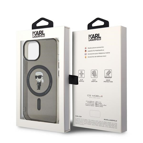 Калъф MagSafe за Apple iPhone 15, Karl Lagerfeld, IML Ikonik Karl, Черен