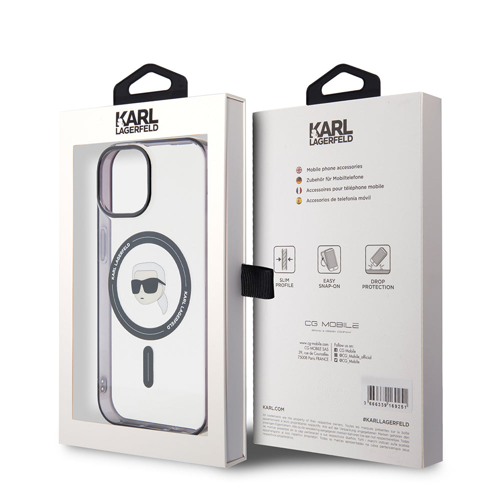 Калъф MagSafe за Apple iPhone 15, Karl Lagerfeld, IML Karl's Head, Прозрачен