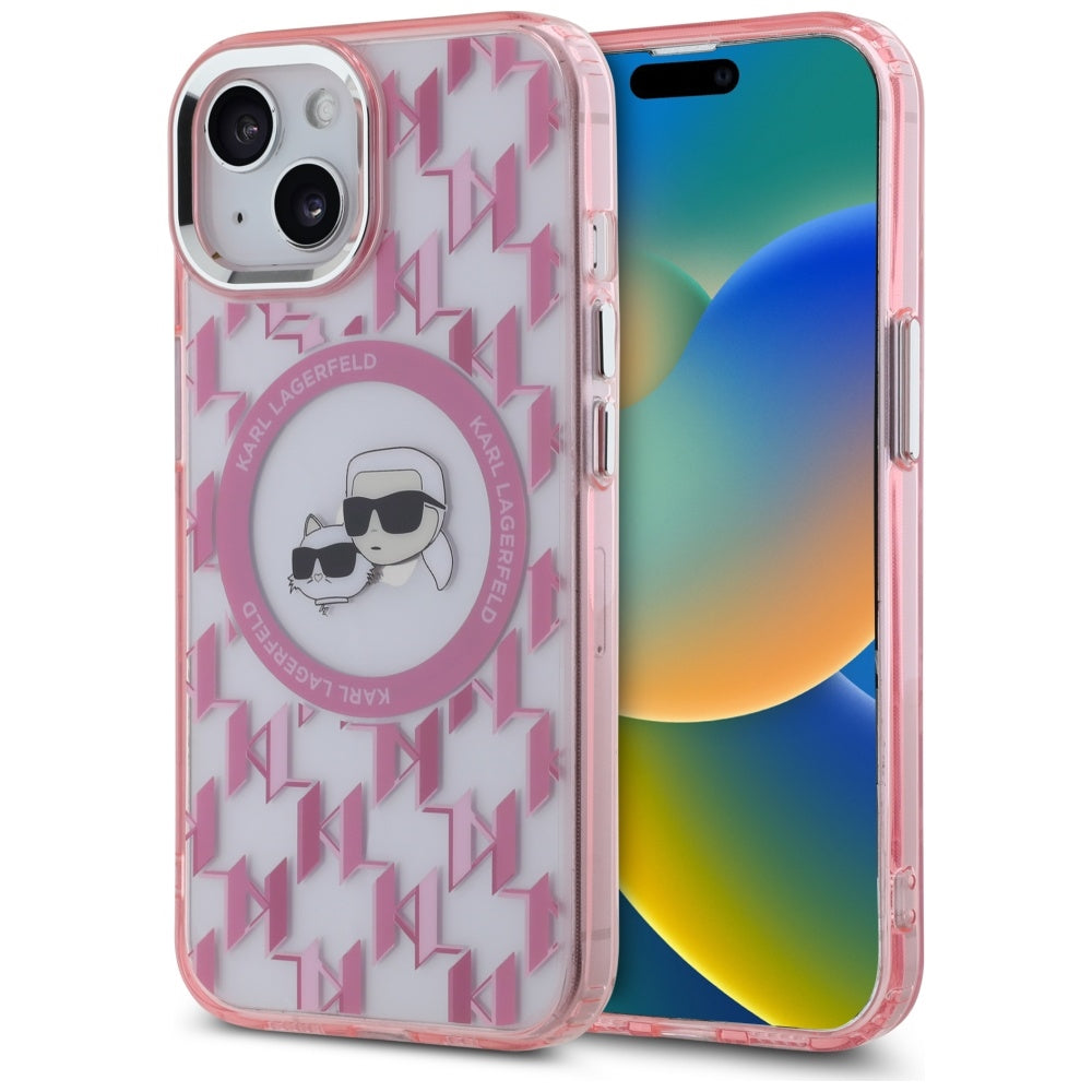 Калъф MagSafe за Apple iPhone 15, Karl Lagerfeld, IML Monogram Karl & Choupette's Heads, Розов