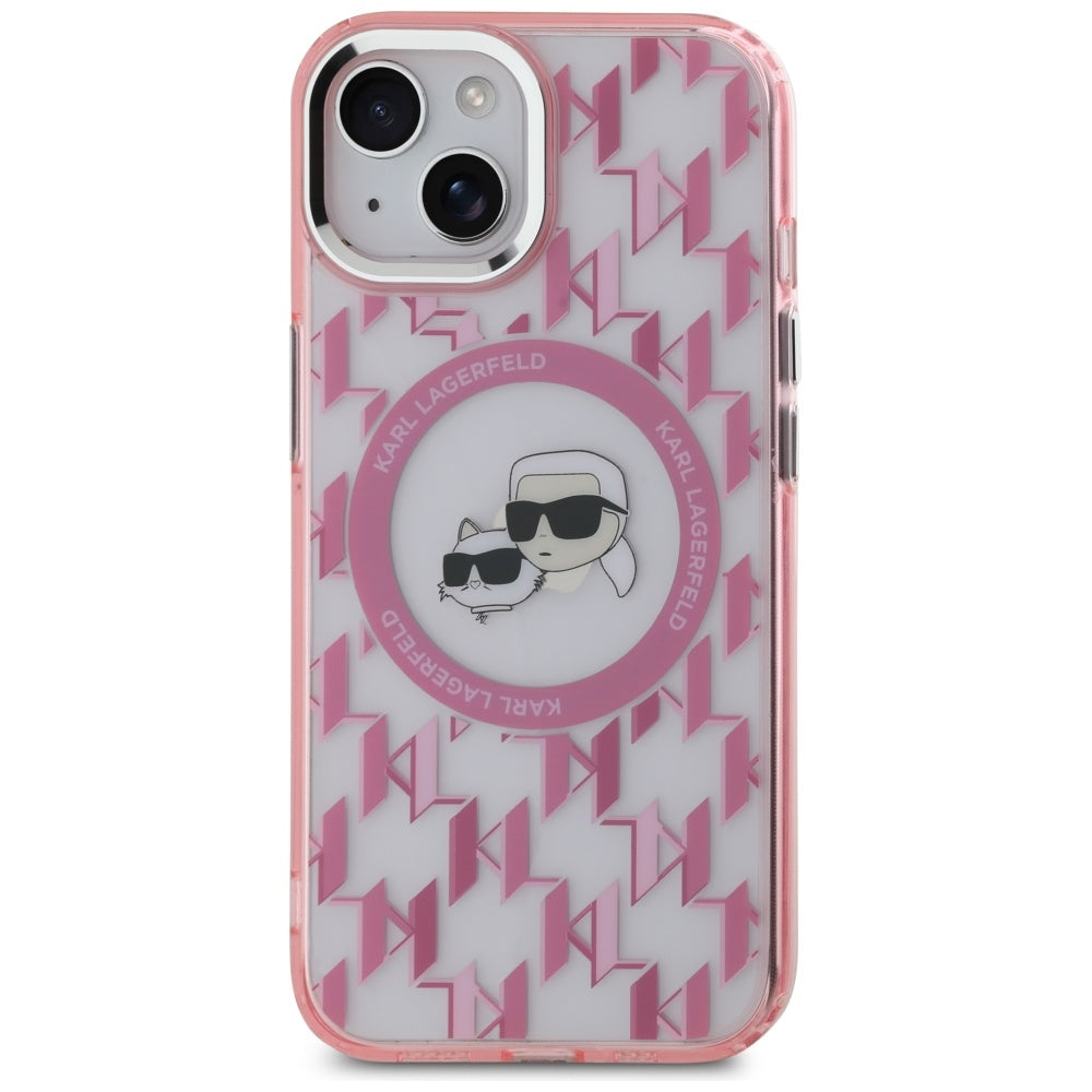 Калъф MagSafe за Apple iPhone 15, Karl Lagerfeld, IML Monogram Karl & Choupette's Heads, Розов