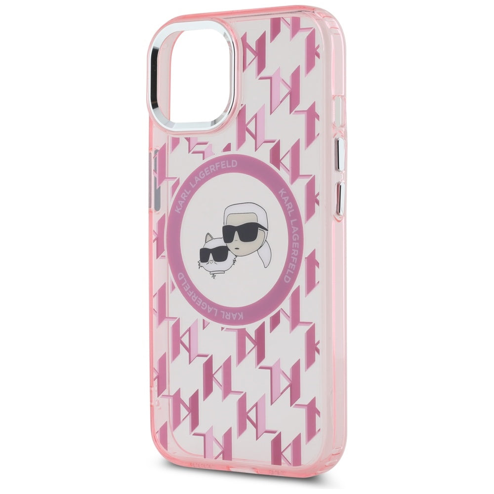 Калъф MagSafe за Apple iPhone 15, Karl Lagerfeld, IML Monogram Karl & Choupette's Heads, Розов