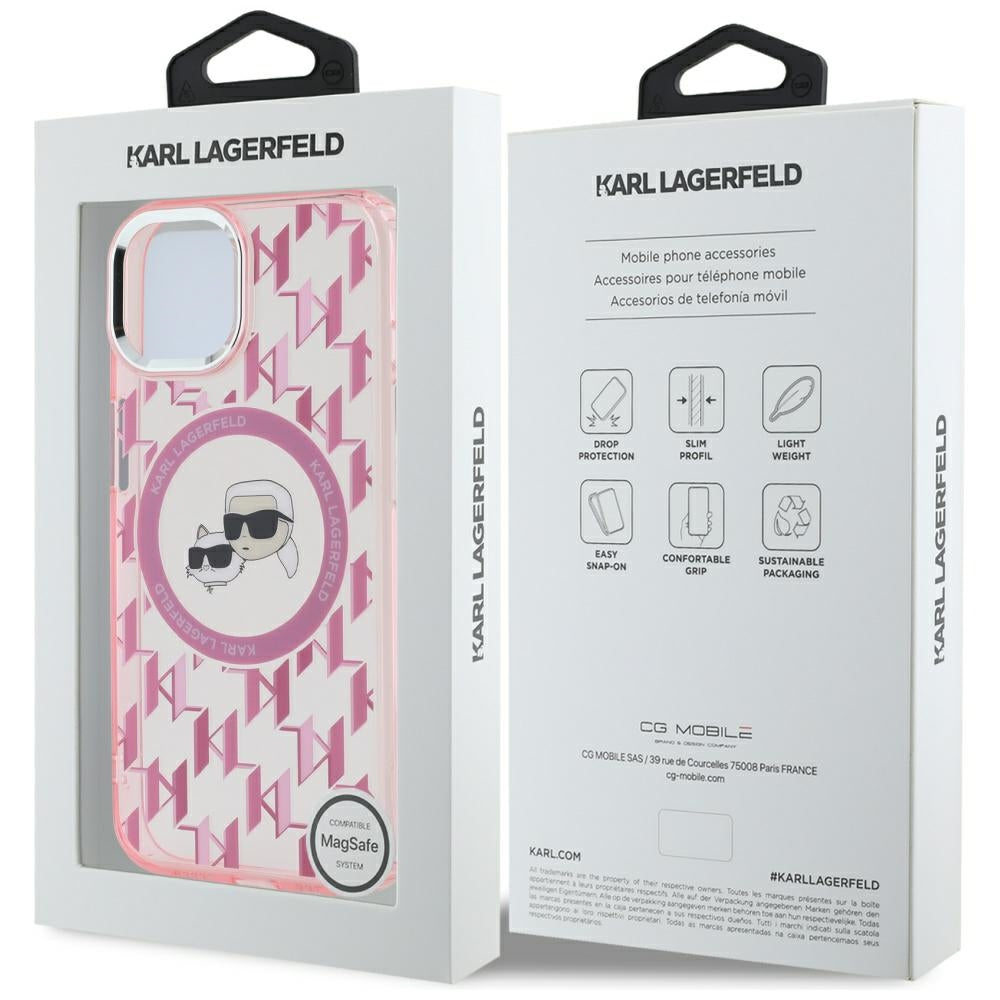 Калъф MagSafe за Apple iPhone 15, Karl Lagerfeld, IML Monogram Karl & Choupette's Heads, Розов