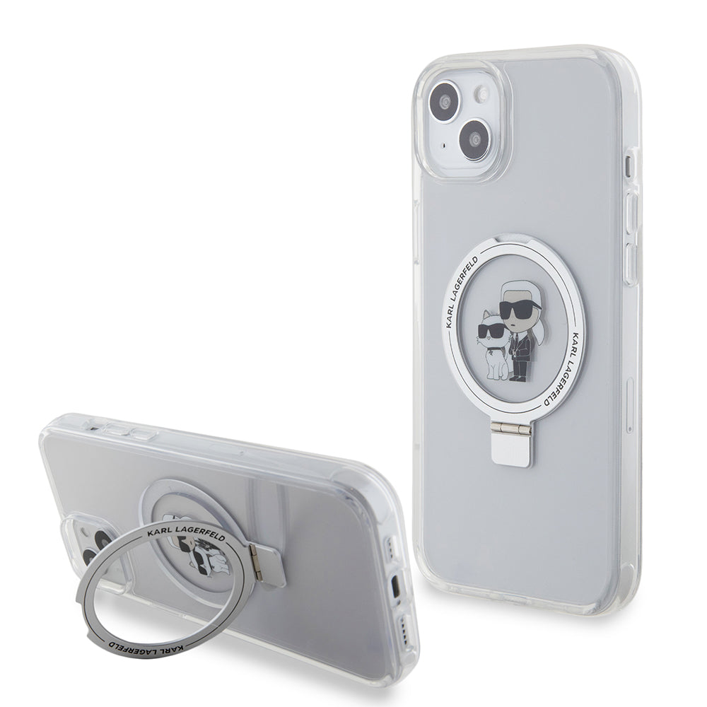 Калъф MagSafe за Apple iPhone 15 Plus, Karl Lagerfeld, Ringstand Karl and Choupette, Бял