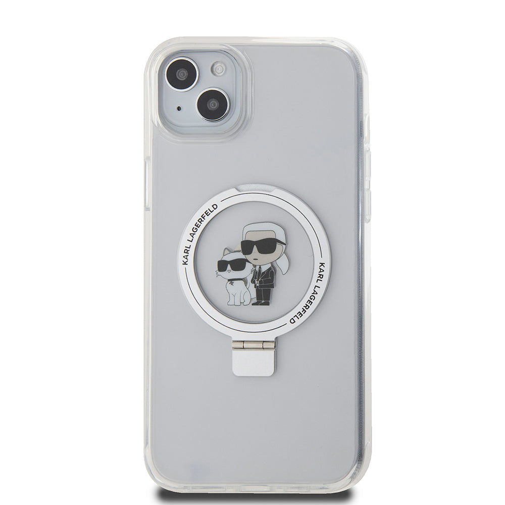 Калъф MagSafe за Apple iPhone 15 Plus, Karl Lagerfeld, Ringstand Karl and Choupette, Бял