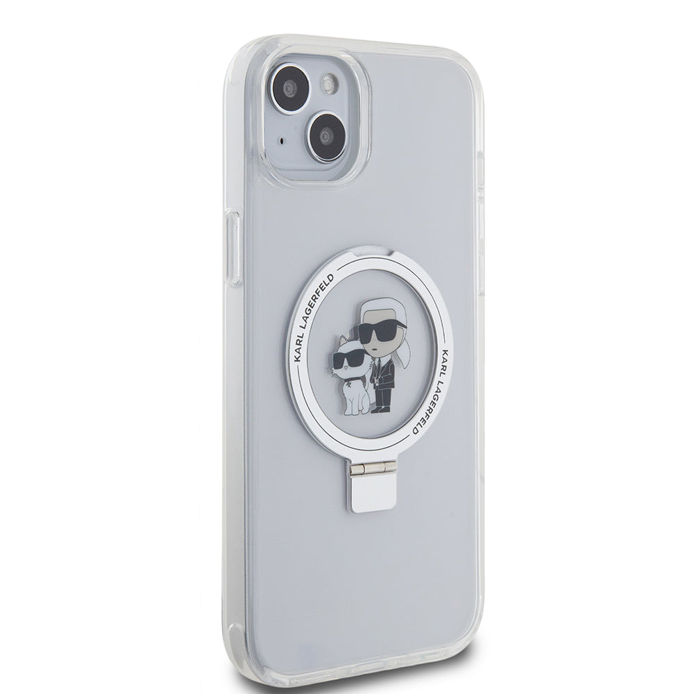 Калъф MagSafe за Apple iPhone 15 Plus, Karl Lagerfeld, Ringstand Karl and Choupette, Бял