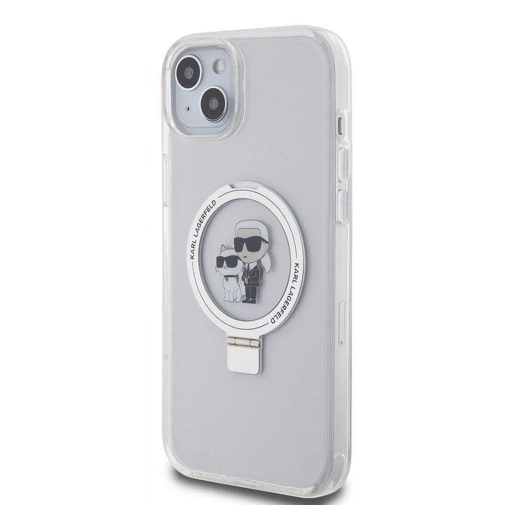 Калъф MagSafe за Apple iPhone 15 Plus, Karl Lagerfeld, Ringstand Karl and Choupette, Бял