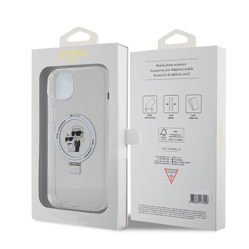 Калъф MagSafe за Apple iPhone 15 Plus, Karl Lagerfeld, Ringstand Karl and Choupette, Бял