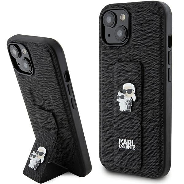 Калъф MagSafe за Apple iPhone 15, Karl Lagerfeld, Saffiano Gripstand Karl & Choupette, Черен