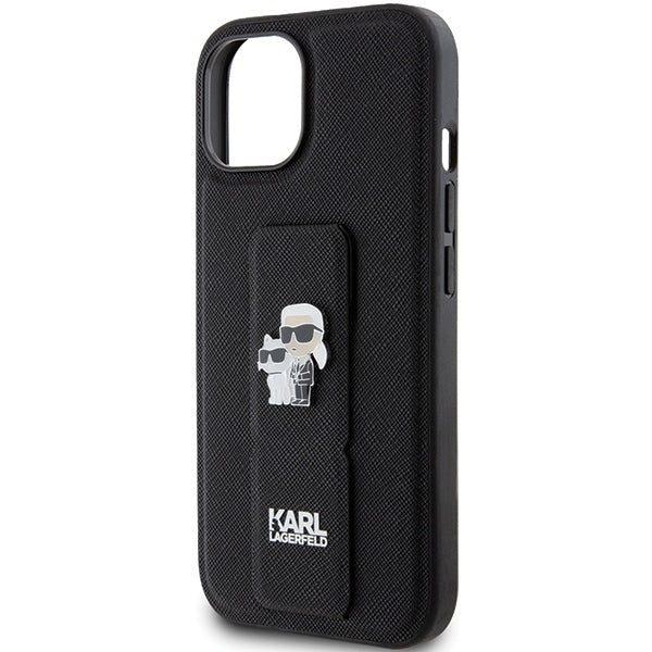 Калъф MagSafe за Apple iPhone 15, Karl Lagerfeld, Saffiano Gripstand Karl & Choupette, Черен