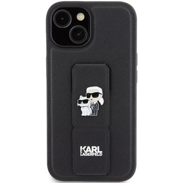 Калъф MagSafe за Apple iPhone 15, Karl Lagerfeld, Saffiano Gripstand Karl & Choupette, Черен