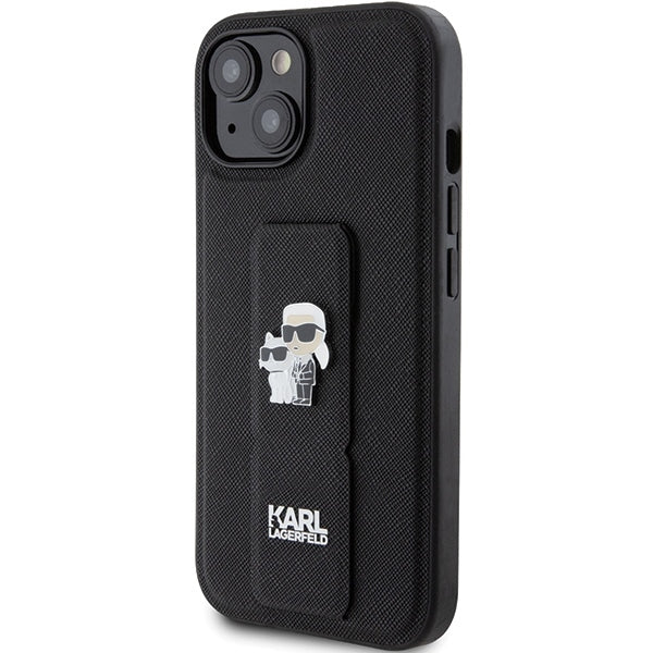 Калъф MagSafe за Apple iPhone 15, Karl Lagerfeld, Saffiano Gripstand Karl & Choupette, Черен