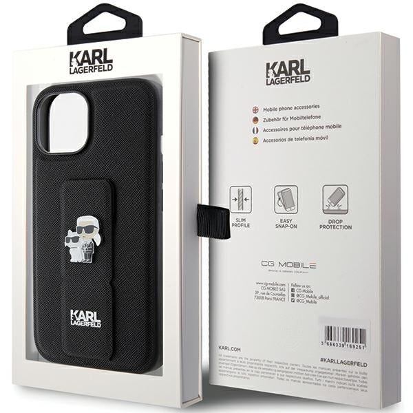 Калъф MagSafe за Apple iPhone 15, Karl Lagerfeld, Saffiano Gripstand Karl & Choupette, Черен