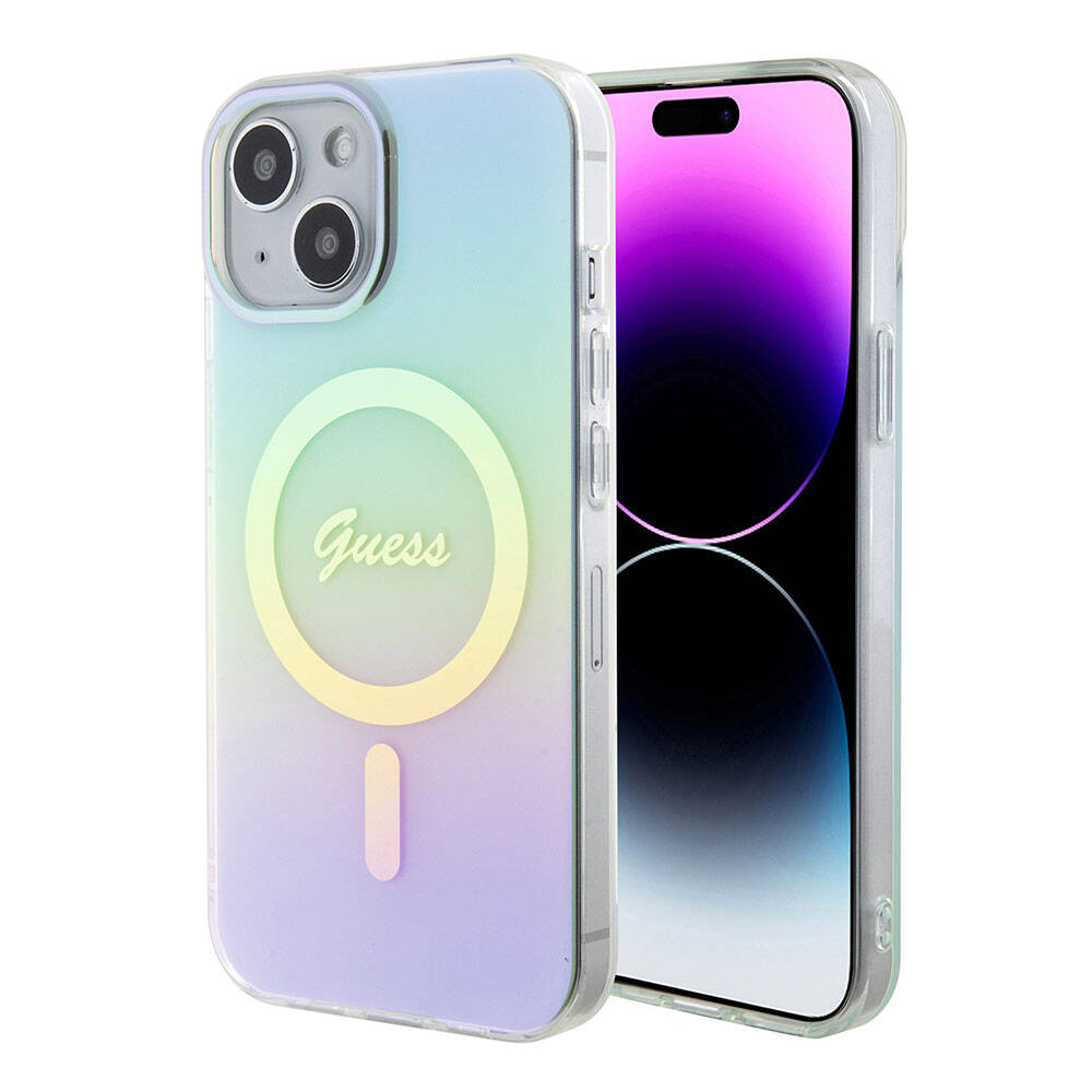 Калъф MagSafe за Apple iPhone 15 Plus, Guess, IML Iridescent, Тюркоаз