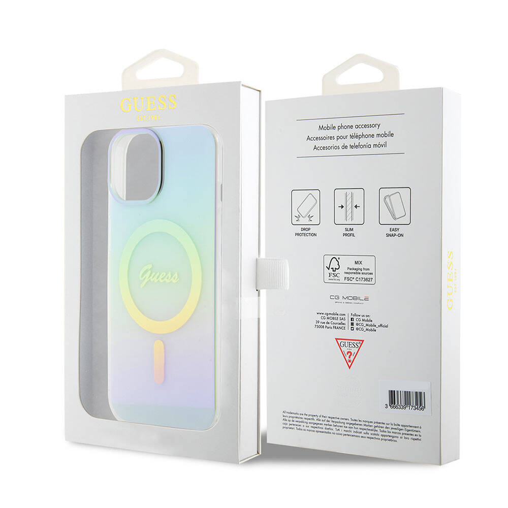 Калъф MagSafe за Apple iPhone 15 Plus, Guess, IML Iridescent, Тюркоаз