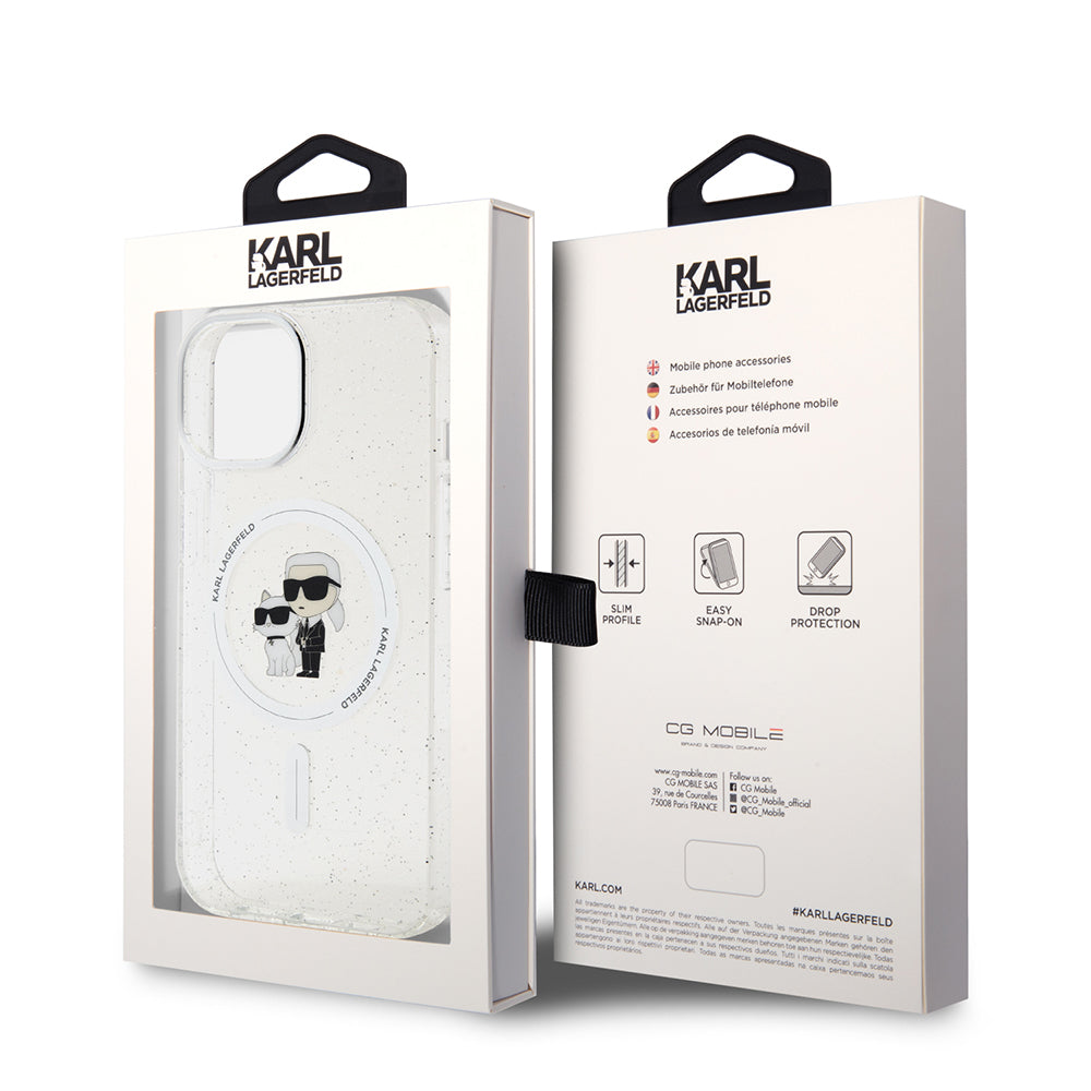 Калъф MagSafe за Apple iPhone 15 Plus, Karl Lagerfeld, Glitter Karl & Choupette, Прозрачен