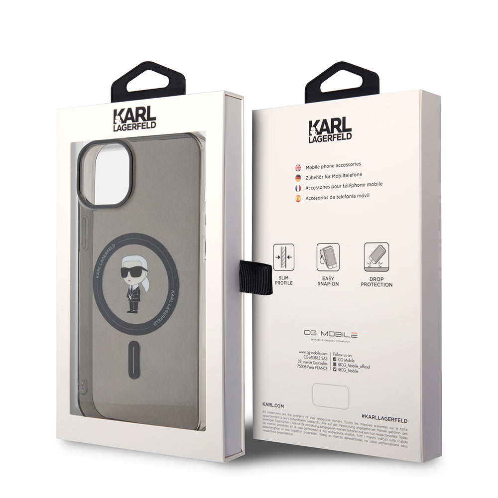 Калъф MagSafe за Apple iPhone 15 Plus, Karl Lagerfeld, IML Ikonik Karl, Черен