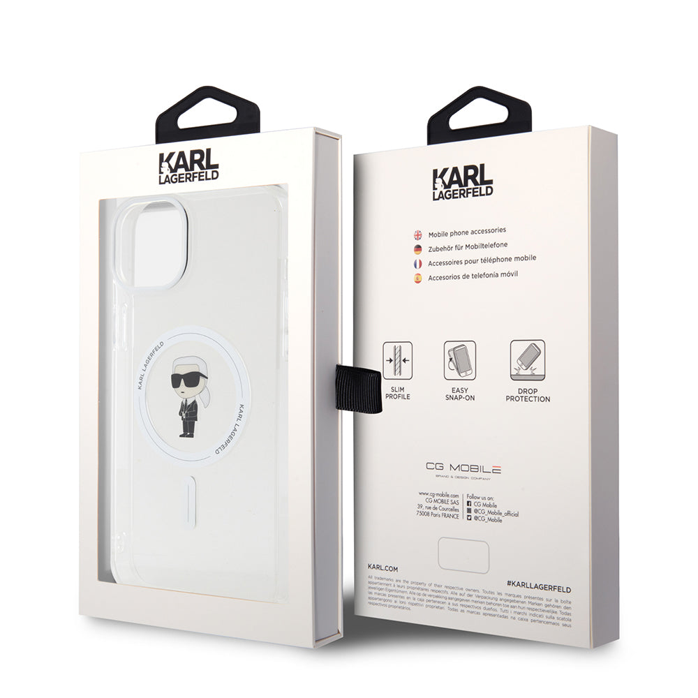 Калъф MagSafe за Apple iPhone 15 Plus, Karl Lagerfeld, IML Ikonik Karl, Прозрачен