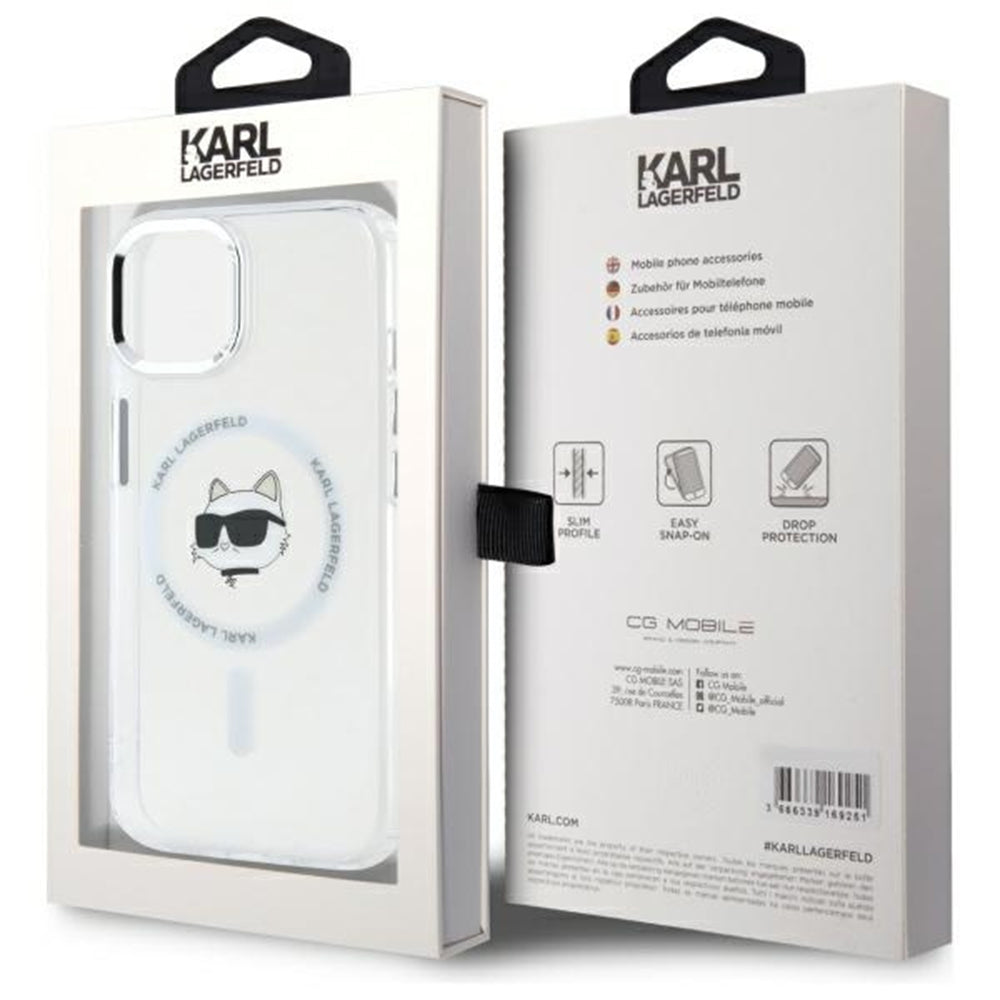 Калъф MagSafe за Apple iPhone 15 Plus, Karl Lagerfeld, IML Metal Choupette's Head, Бял