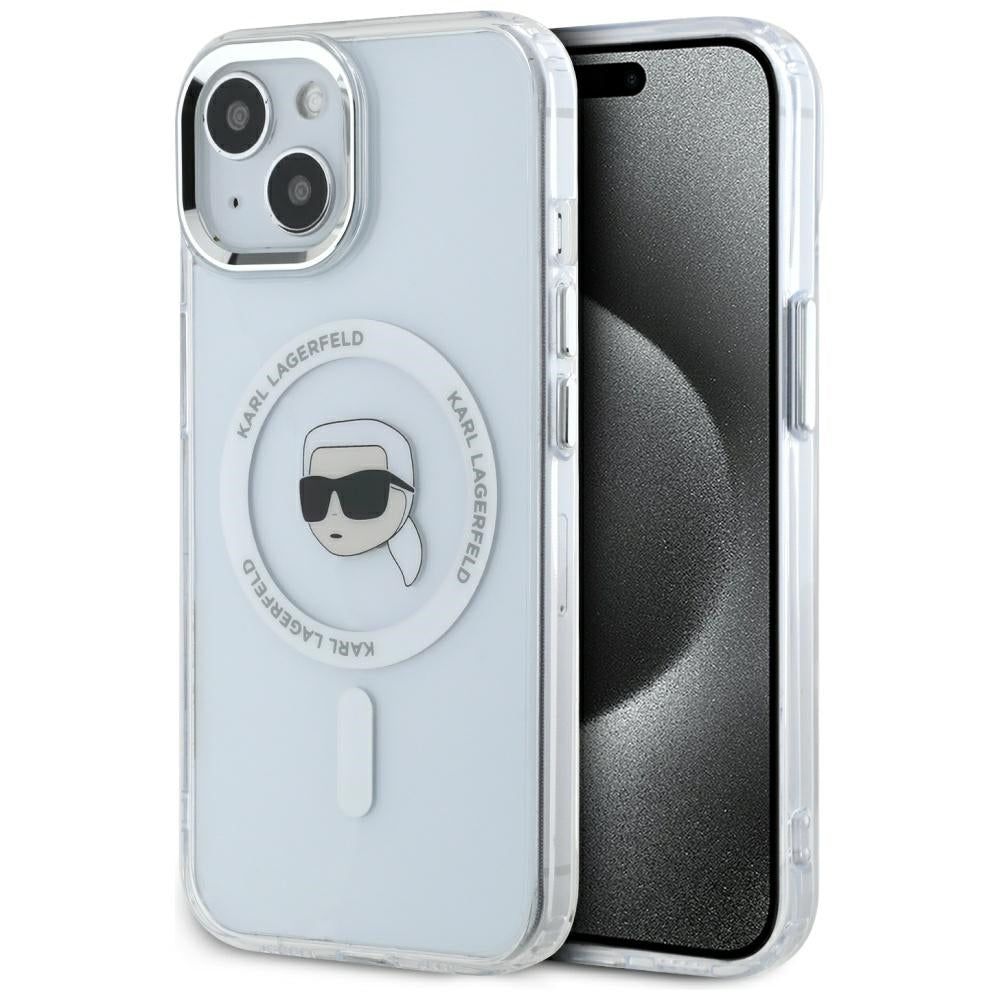 Калъф MagSafe за Apple iPhone 15 Plus, Karl Lagerfeld, IML Metal Karl's Head, Бял