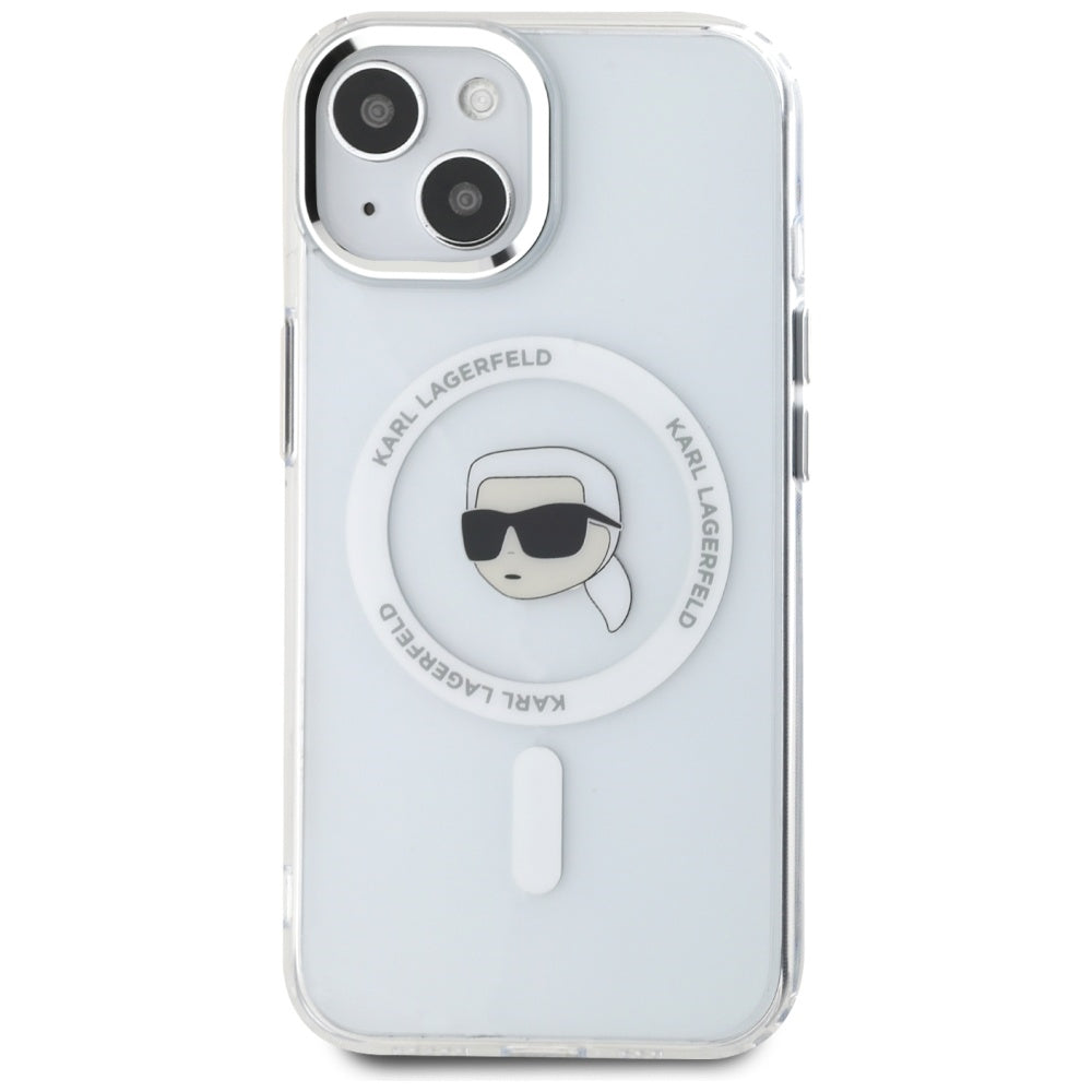 Калъф MagSafe за Apple iPhone 15 Plus, Karl Lagerfeld, IML Metal Karl's Head, Бял