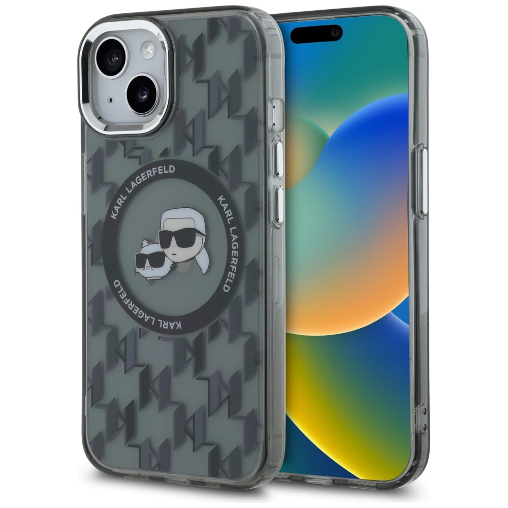 Калъф MagSafe за Apple iPhone 15 Plus, Karl Lagerfeld, IML Monogram Karl & Choupette's Heads, Черен