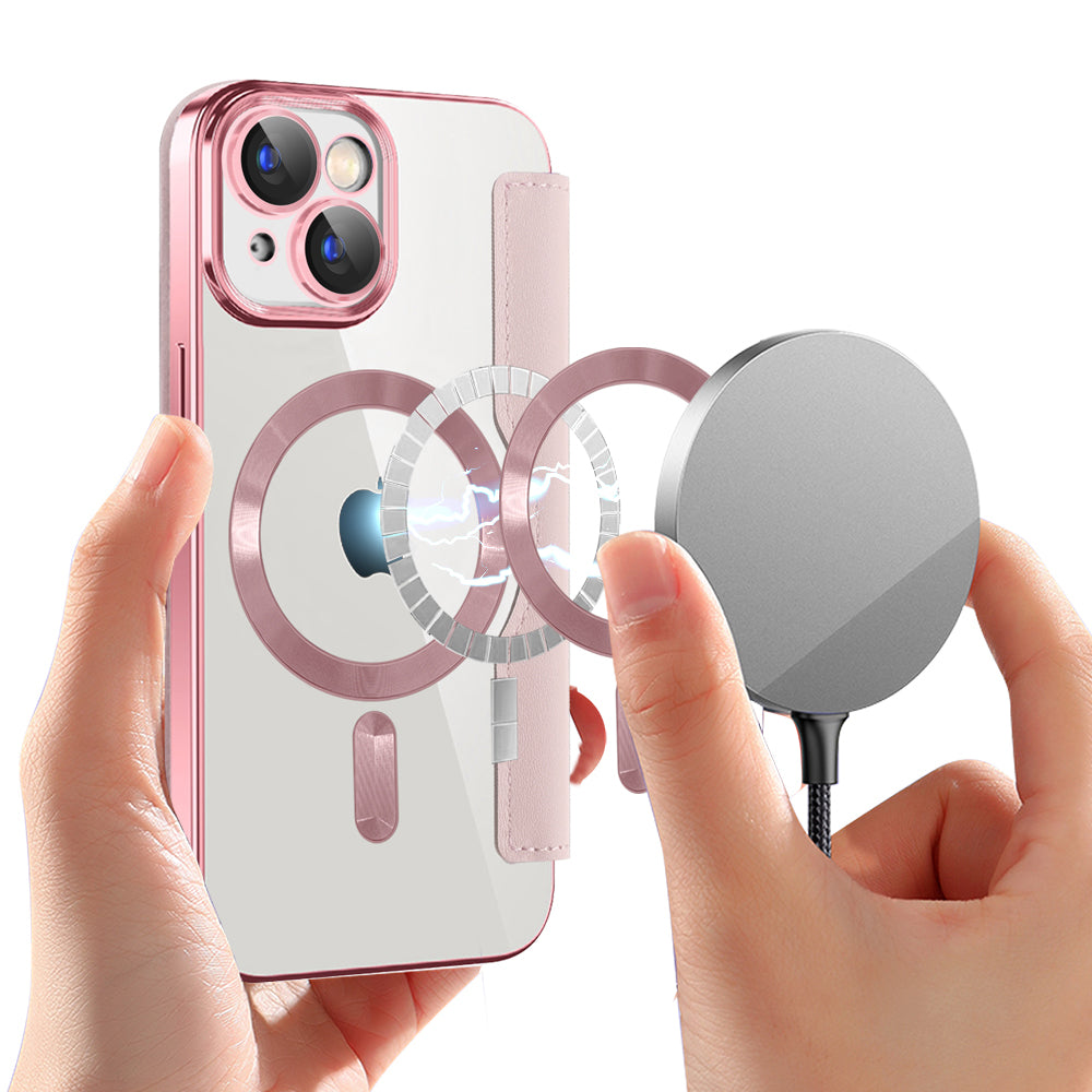Калъф MagSafe за Apple iPhone 15 Plus, Techsuit, SmartMag Book, Розов