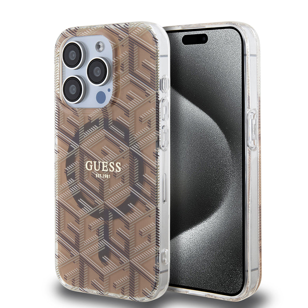 Калъф MagSafe за Apple iPhone 15 Pro, Guess, IML Gcube, Кафяв