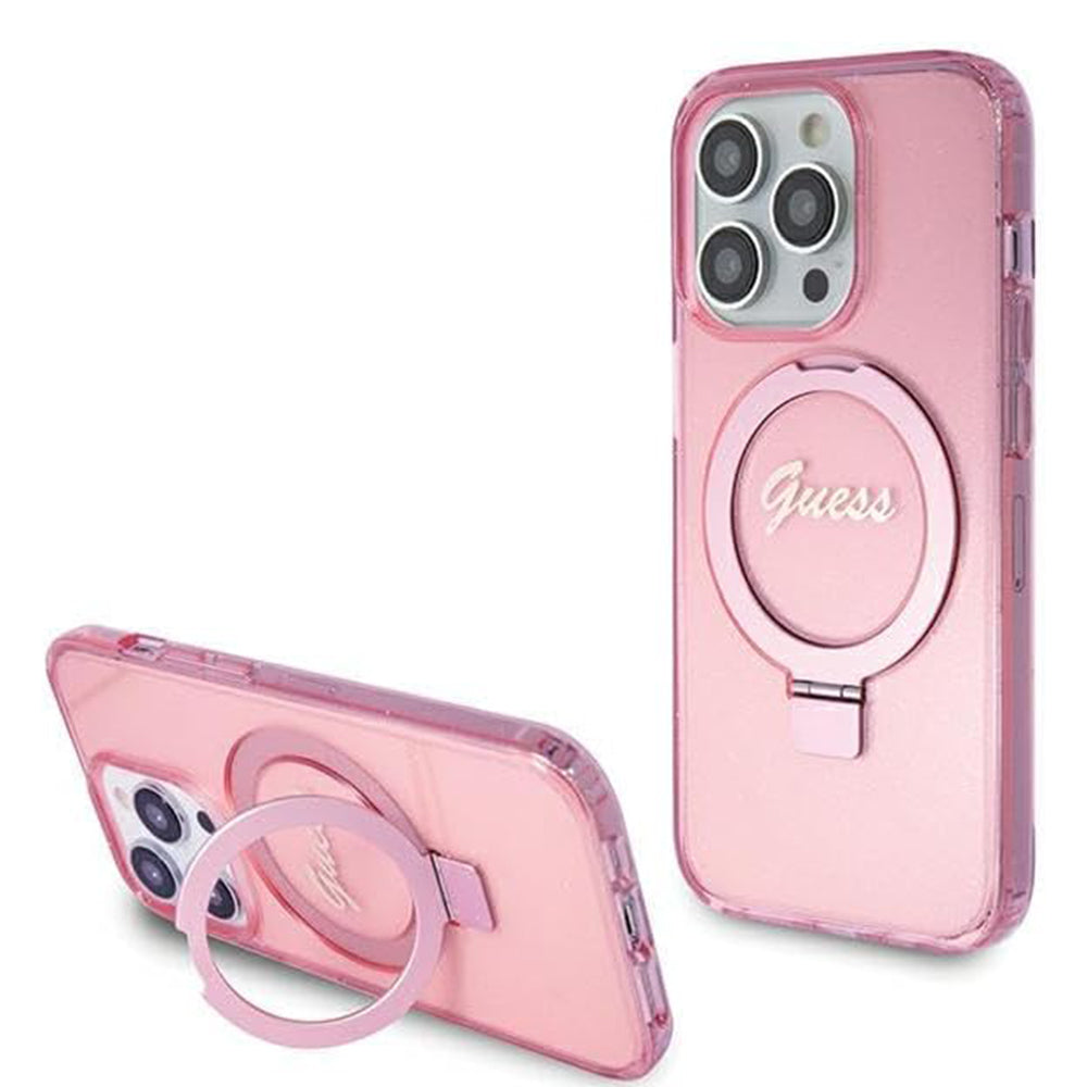 Калъф MagSafe за Apple iPhone 15 Pro, Guess, IML Ring Stand Glitter, Розов