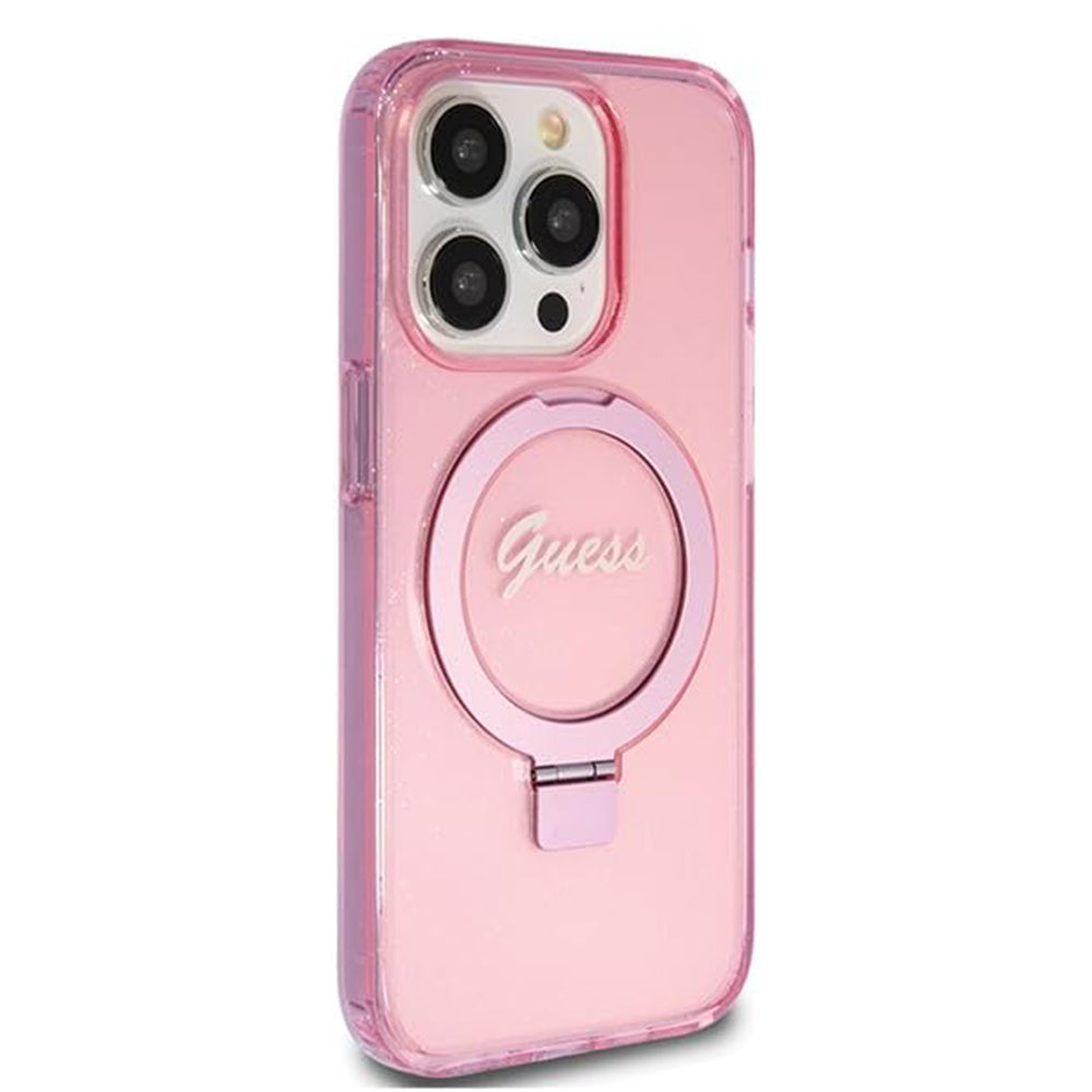Калъф MagSafe за Apple iPhone 15 Pro, Guess, IML Ring Stand Glitter, Розов
