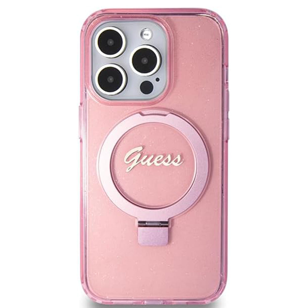 Калъф MagSafe за Apple iPhone 15 Pro, Guess, IML Ring Stand Glitter, Розов