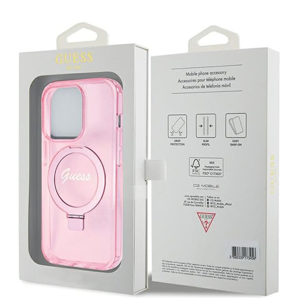 Калъф MagSafe за Apple iPhone 15 Pro, Guess, IML Ring Stand Glitter, Розов
