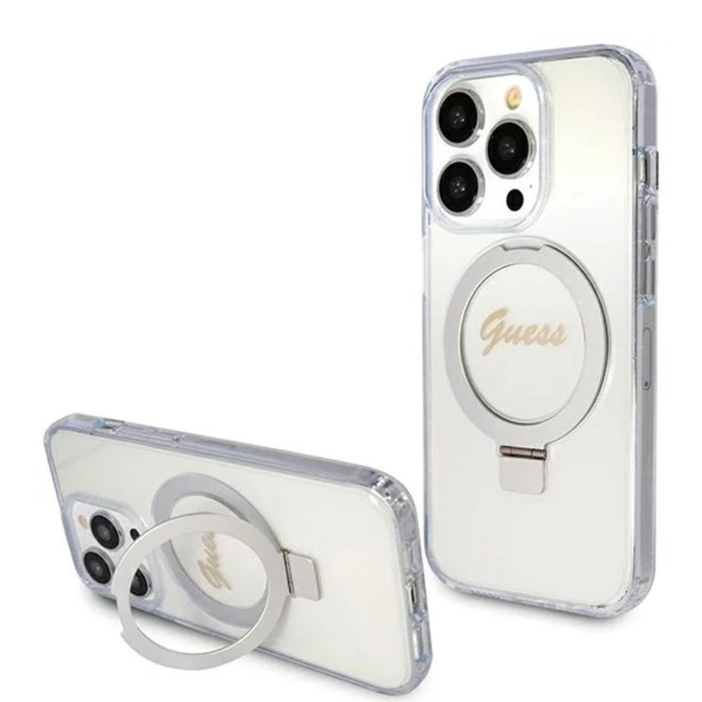 Калъф MagSafe за Apple iPhone 15 Pro, Guess, IML Ring Stand Glitter, Прозрачен