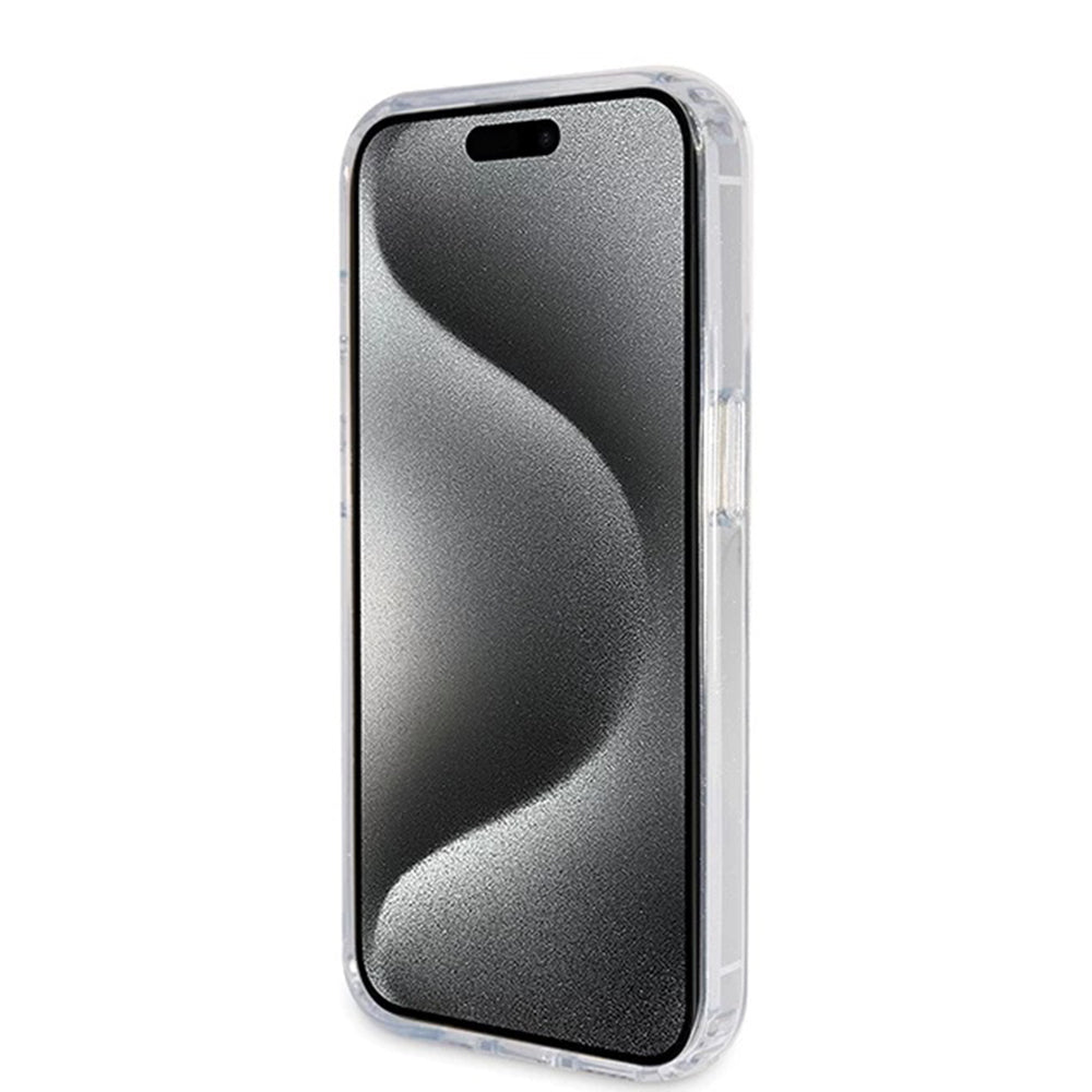 Калъф MagSafe за Apple iPhone 15 Pro, Guess, IML Ring Stand Glitter, Прозрачен