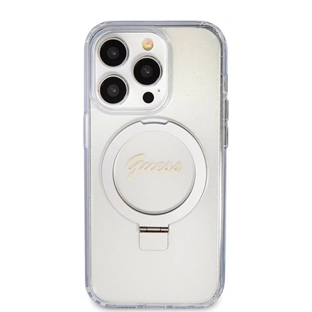Калъф MagSafe за Apple iPhone 15 Pro, Guess, IML Ring Stand Glitter, Прозрачен