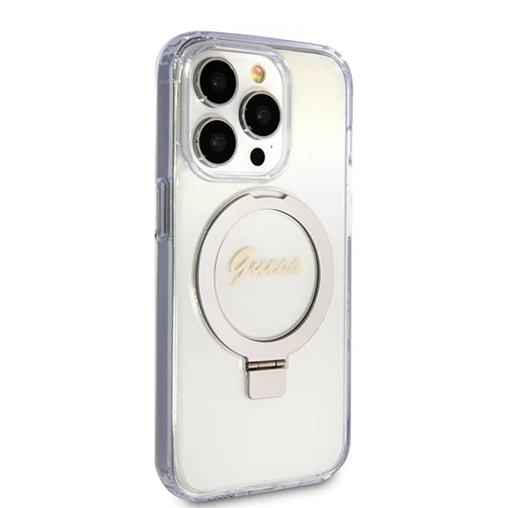 Калъф MagSafe за Apple iPhone 15 Pro, Guess, IML Ring Stand Glitter, Прозрачен