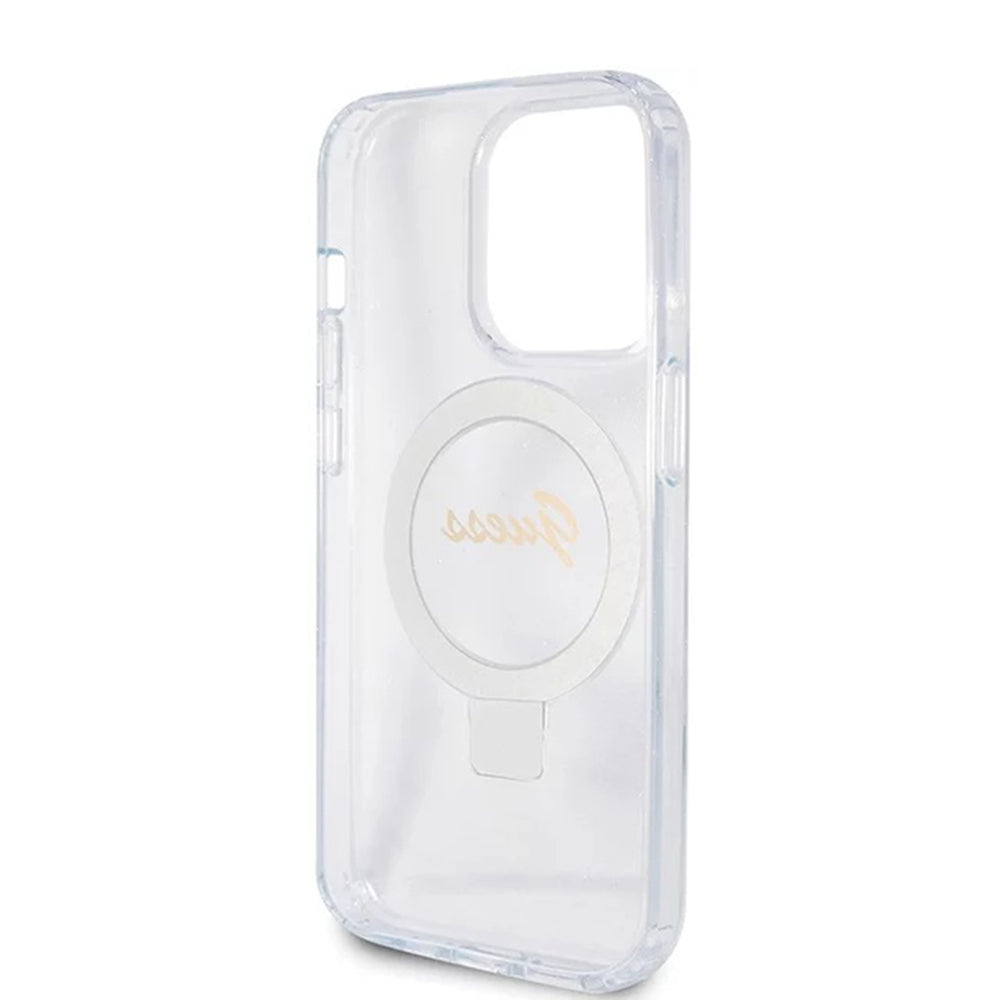 Калъф MagSafe за Apple iPhone 15 Pro, Guess, IML Ring Stand Glitter, Прозрачен
