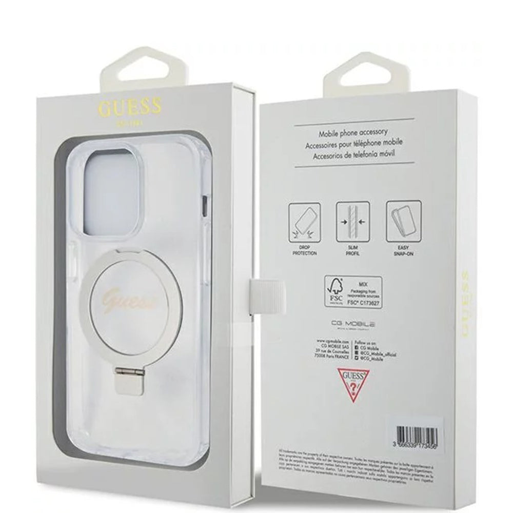 Калъф MagSafe за Apple iPhone 15 Pro, Guess, IML Ring Stand Glitter, Прозрачен