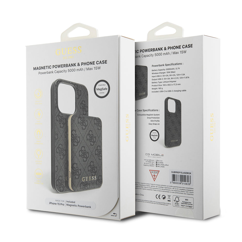MagSafe Case for Apple iPhone 15 Pro, Guess, Powerbank 4G Metal Logo, Black
