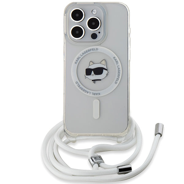 Калъф MagSafe за Apple iPhone 15 Pro, Karl Lagerfeld, IML Crossbody Choupette's Head with Strap, Прозрачен