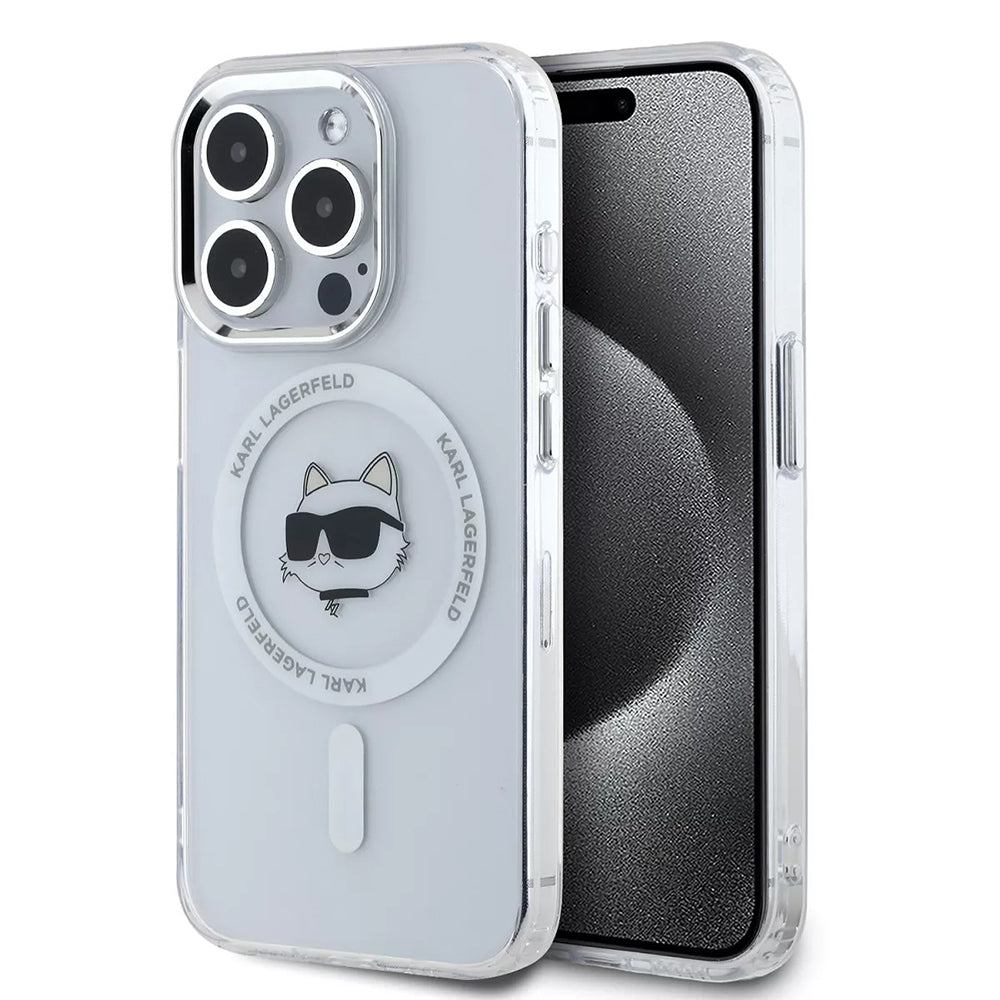 Калъф MagSafe за Apple iPhone 15 Pro, Karl Lagerfeld, IML Metal Choupette's Head, Бял