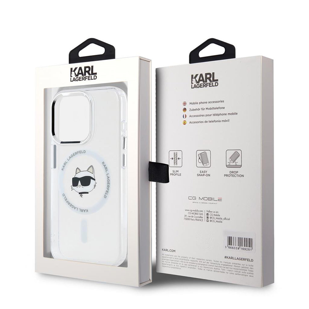 Калъф MagSafe за Apple iPhone 15 Pro, Karl Lagerfeld, IML Metal Choupette's Head, Бял