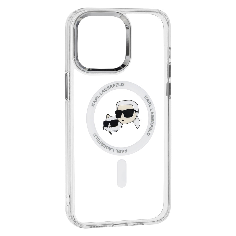 Калъф MagSafe за Apple iPhone 15 Pro, Karl Lagerfeld, IML Metal Karl & Choupette's Heads, Бял