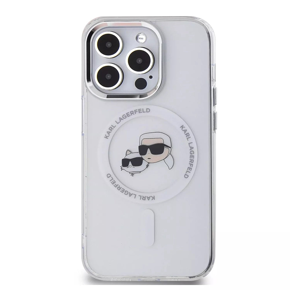 Калъф MagSafe за Apple iPhone 15 Pro, Karl Lagerfeld, IML Metal Karl & Choupette's Heads, Бял