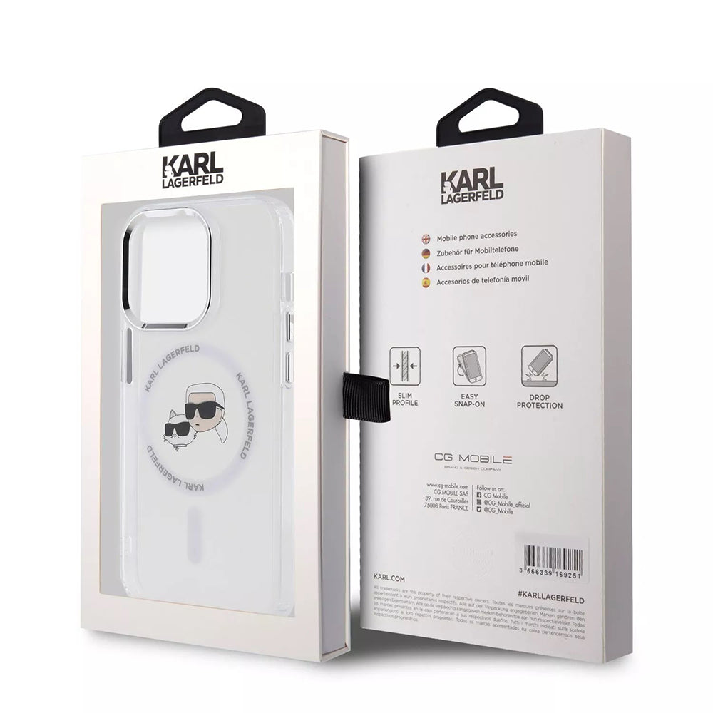 Калъф MagSafe за Apple iPhone 15 Pro, Karl Lagerfeld, IML Metal Karl & Choupette's Heads, Бял