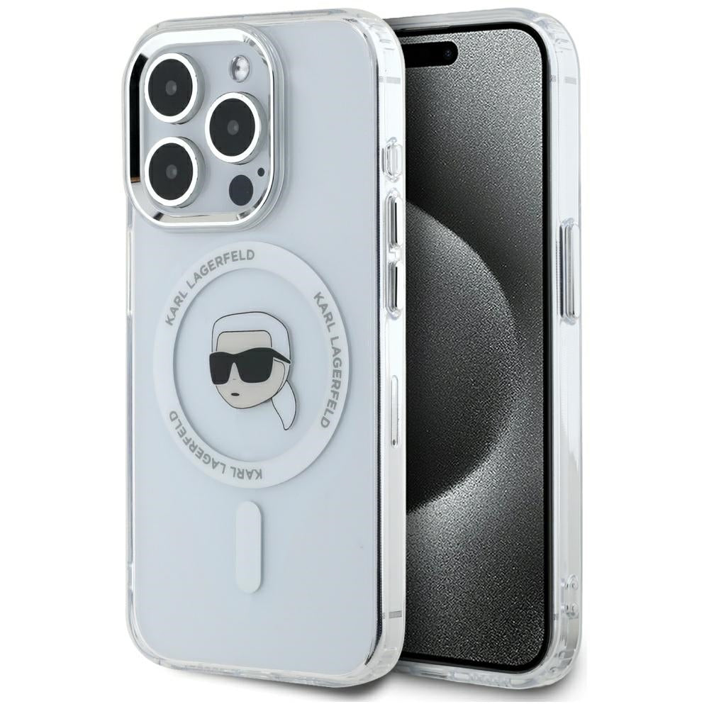 Калъф MagSafe за Apple iPhone 15 Pro, Karl Lagerfeld, IML Metal Karl's Head, Бял