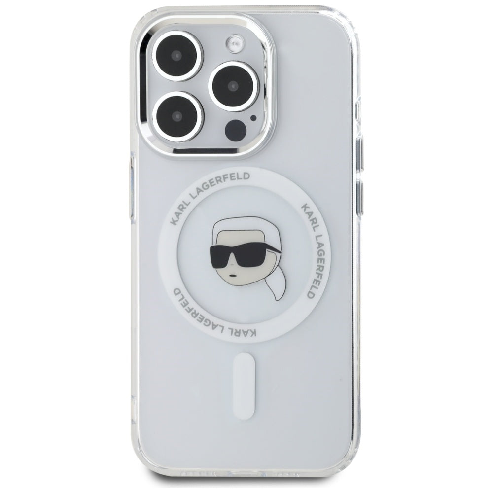 Калъф MagSafe за Apple iPhone 15 Pro, Karl Lagerfeld, IML Metal Karl's Head, Бял