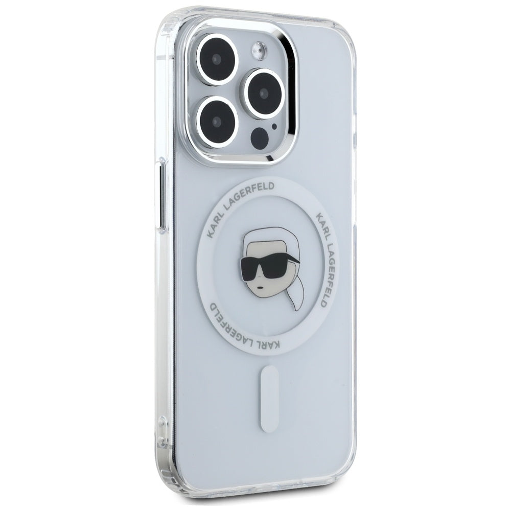 Калъф MagSafe за Apple iPhone 15 Pro, Karl Lagerfeld, IML Metal Karl's Head, Бял
