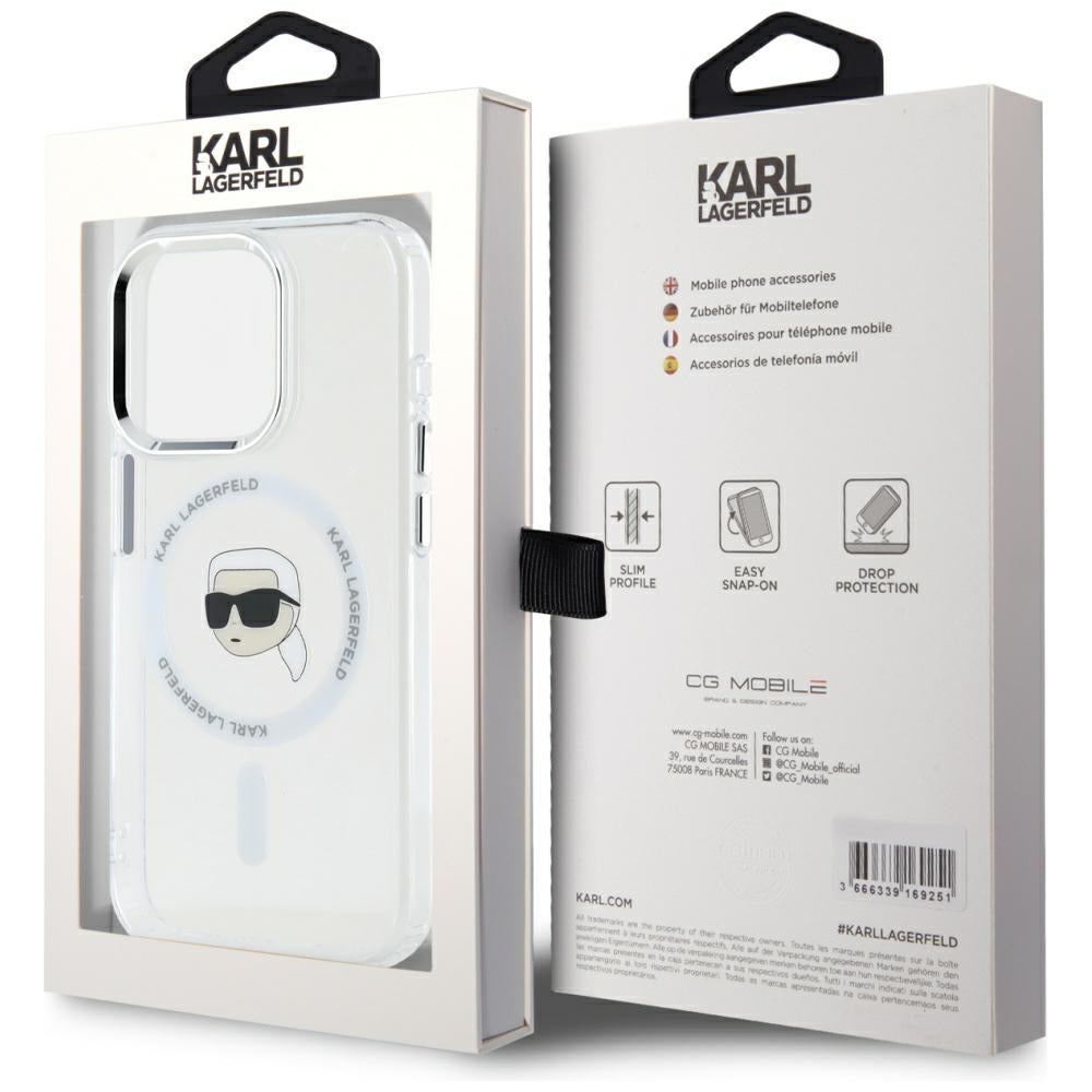 Калъф MagSafe за Apple iPhone 15 Pro, Karl Lagerfeld, IML Metal Karl's Head, Бял