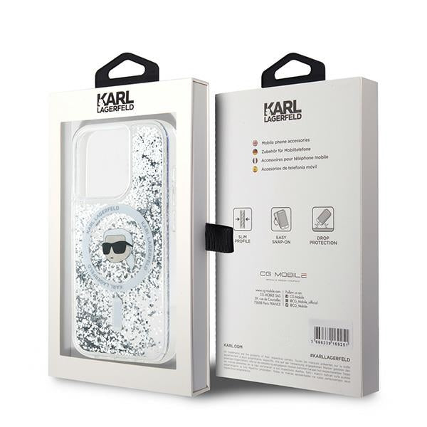 Калъф MagSafe за Apple iPhone 15 Pro, Karl Lagerfeld, Liquid Glitter Karl's Head, Прозрачен